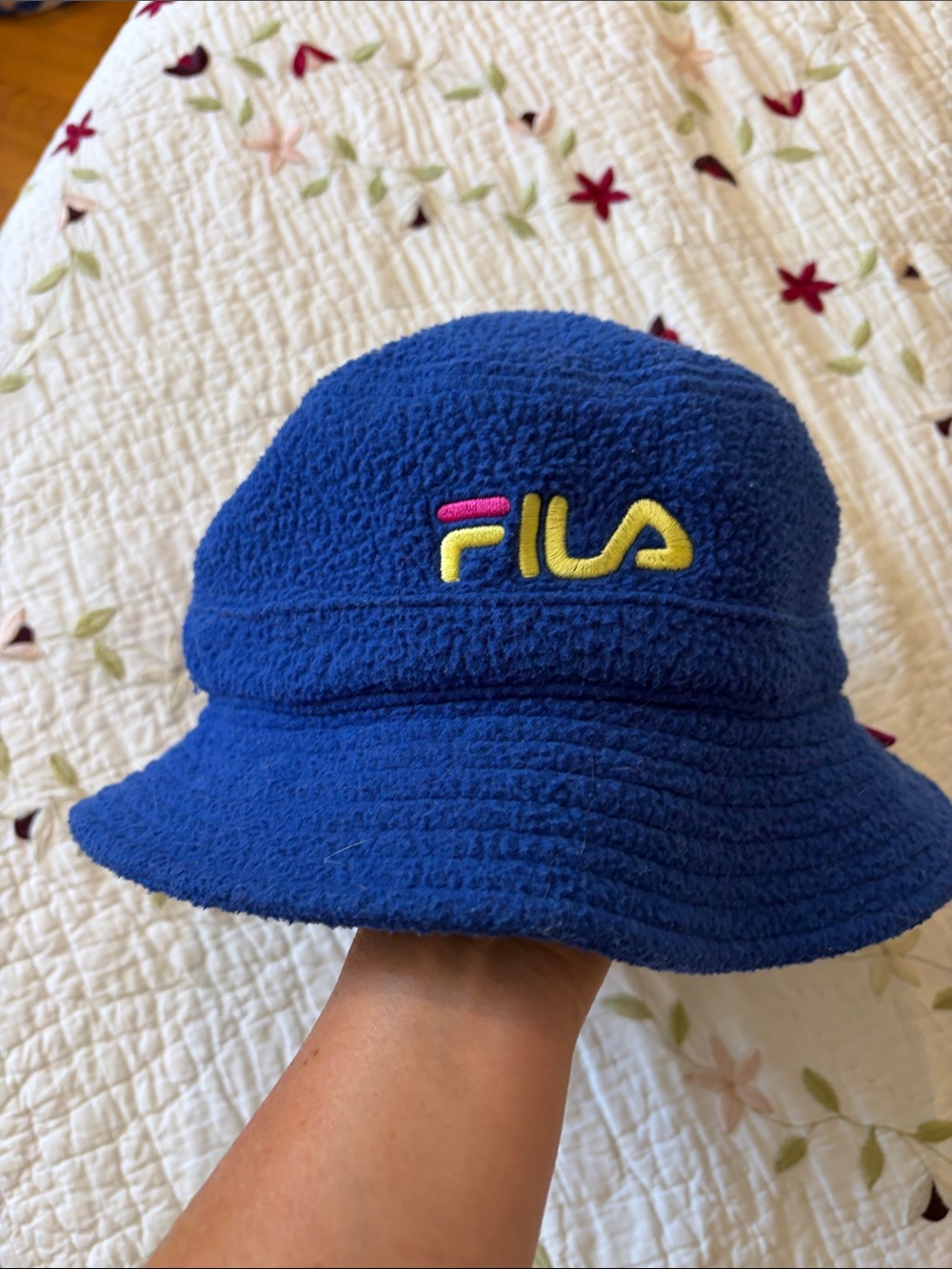 FILA Blue Fleece Bucket Hat with Yellow and Pink Logo